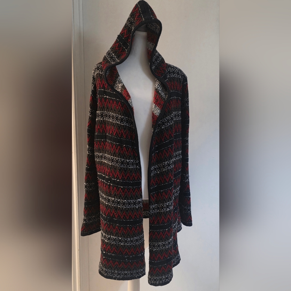 Cato Red/Black/White/Gray Hooded Stripe Knit Cardigan, Size 22/24 Wide